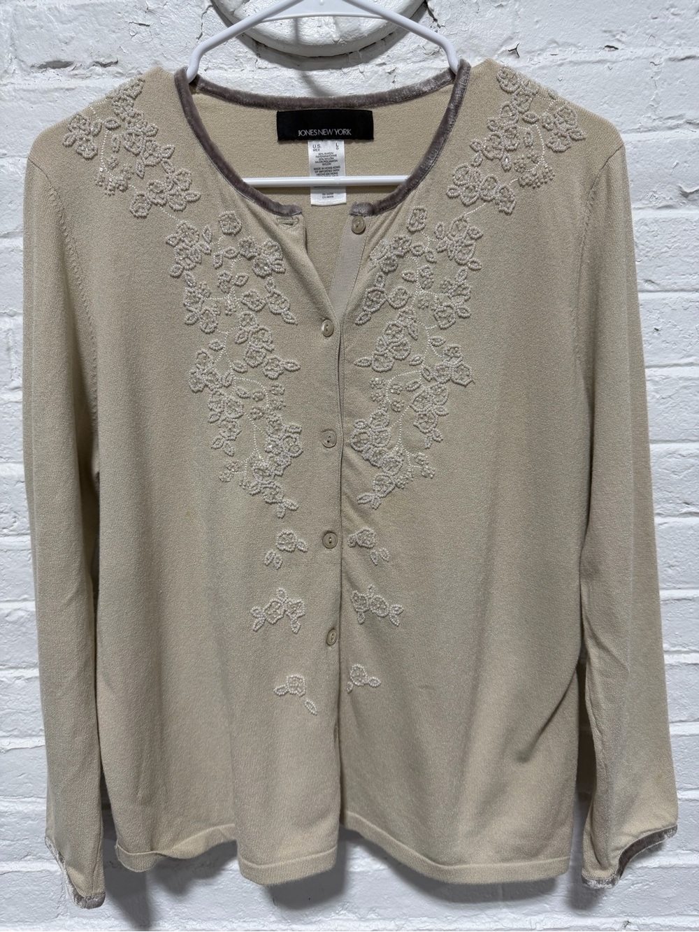 Jones New York Beige Embroidered Button-Front Cardigan